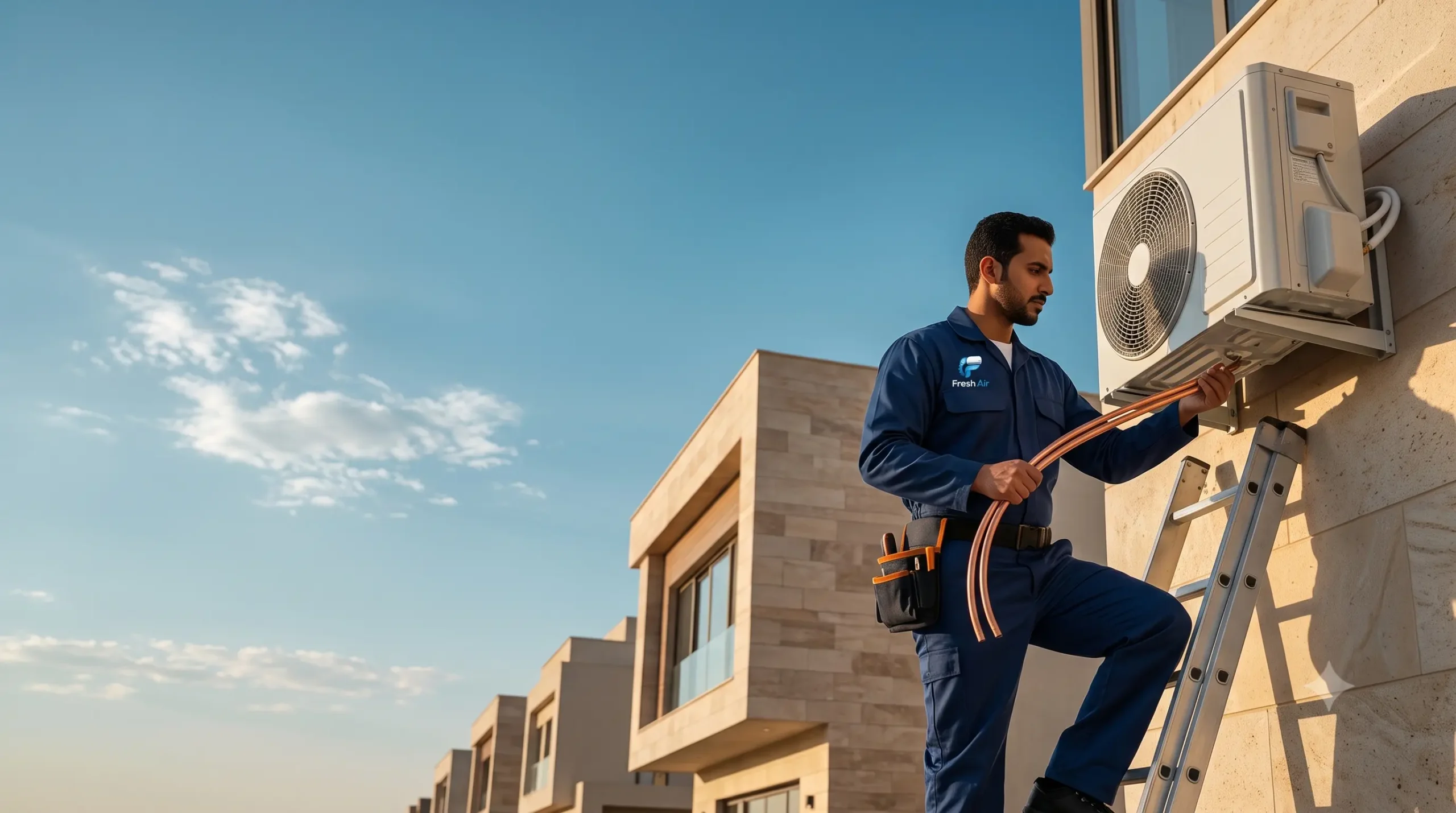 فني تكييف يركب وحدة مكيف سبليت خارجية على حائط فيلا بالرياض