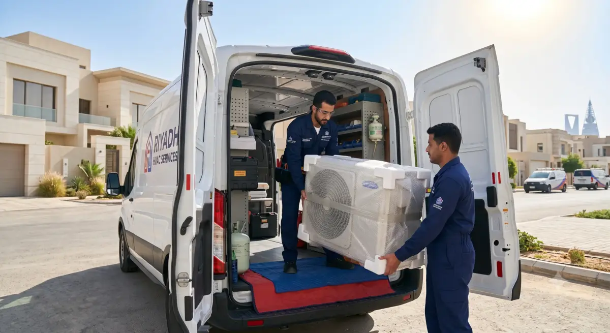 وحدة مكيف خارجية مغلفة بالكامل ومحمية أثناء نقلها في سيارة فريش اير بالرياض