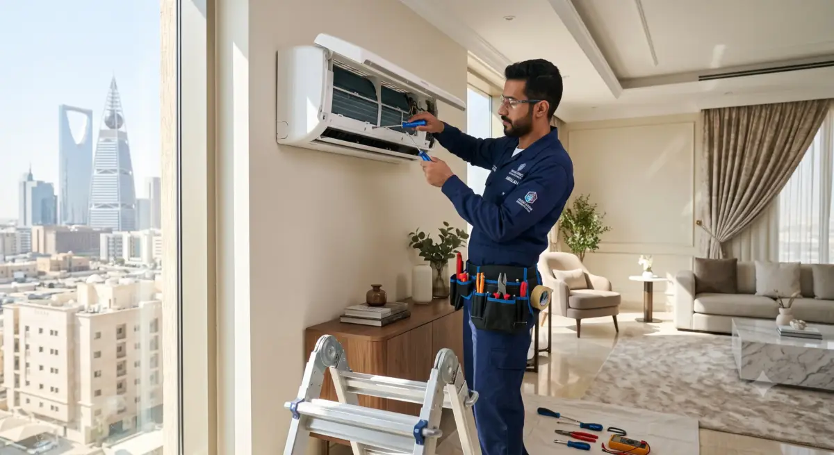 فني شركة فريش اير يقوم بفك مكيف سبليت بأمان قبل نقله في الرياض