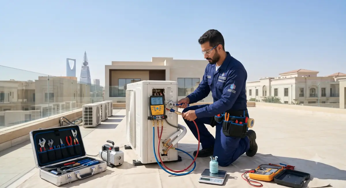 فني تكييف يركب وحدة مكيف خارجية ويفحص ضغط الفريون بعد النقل في الرياض